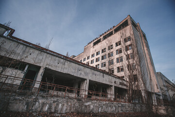 City center of Pripyat, Chernobyl region, Ukraine, exclusion zone, an inscription in Ukrainian on...