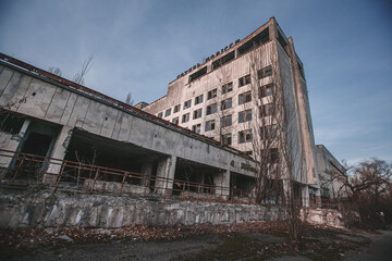 City center of Pripyat, Chernobyl region, Ukraine, exclusion zone, an inscription in Ukrainian on...