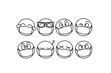 Face mask emoji collection line art 