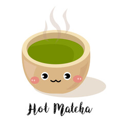 Cute matcha hot green tea vector cartoon isolated cut-out clipart on white background