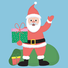 christmas character of santa claus waving and holding a giftbox in his hand