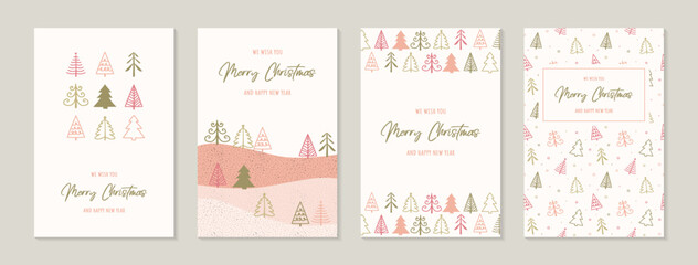 Fototapeta na wymiar Colourful hand drawn trees. Christmas cards set. Vector illustration