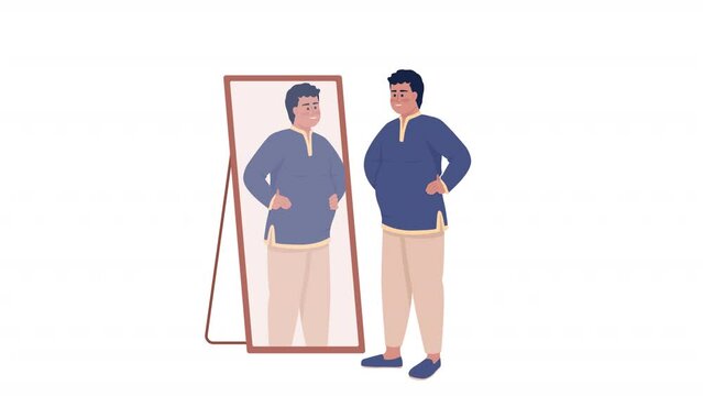Animated pleased curvy man character. Guy looking in mirror. Full body flat person on white background with alpha channel transparency. Colorful cartoon style HD video footage for animation