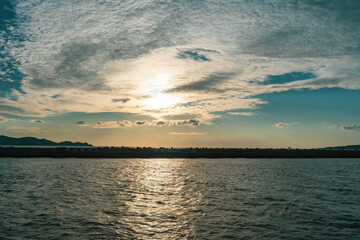 Fototapeta na wymiar 早朝の長崎県五島市福江港のフェリーからの風景