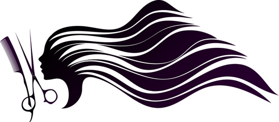 Fototapeta premium Profile of the face of a girl with beautiful curls of hair. Hair stylist scissors and comb. Symbol for beauty salon