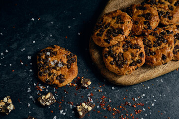 chocolate chip cookies on a dark background