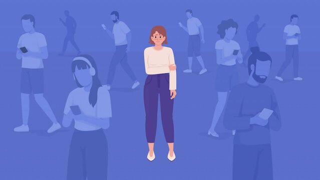 Animated alone in crowd illustration. Social anxiety in public. Feeling uncomfortable. Looped flat color 2D cartoon characters animation with walking passers on background. HD video with alpha channel