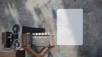 poster mock up with Film director's chair and film projector, 3d rendering