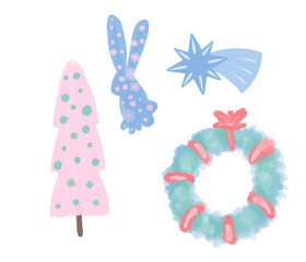 Set of Christmas and New Year elements with animals and Santa. Vector illustration.