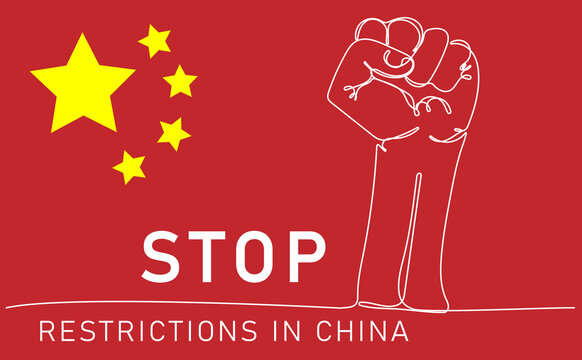 Stop restrictions in China. Raised Fist in front of the Flag of China. Continuous one line drawing vector illustration