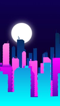 Colorful 2D cartoon-like city buildings animation night time, with a moon rising in the sky, 4K 60FPS. Vertical Video.