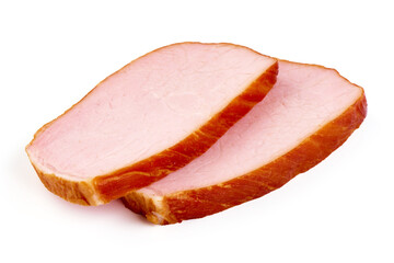 Sliced smoked pork loin, isolated on white background.