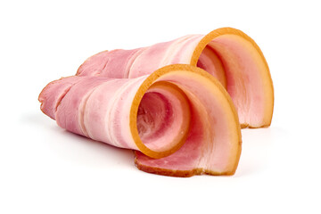 Smoked pork brisket slices, isolated on white background.