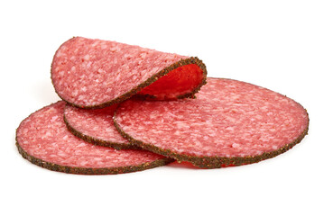Peppered Italian salami, isolated on white background.