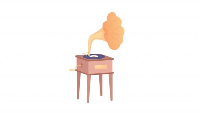 Animated gramophone element. Playing music. Antique player. Flat cartoon style HD video footage. Vinatage item color illustration on black background with alpha channel transparency for animation