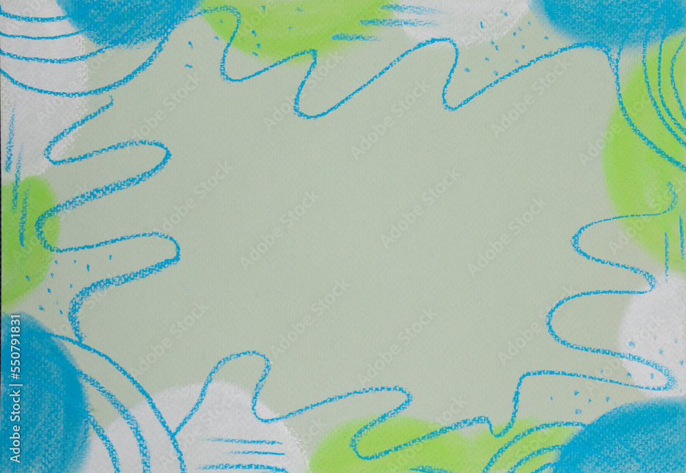 Poster light green background with light green and blue spots and a pattern around the edges. modern design