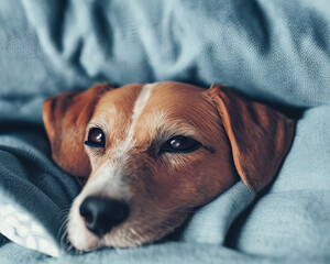 Portrait of sleeping Jack Russell dog on the sofa - a dog is hiding under a blanket on a couch