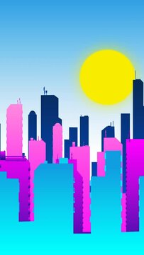 Colorful 2D cartoon-like city buildings animation night time, with a moon rising in the sky, 4K 60FPS. Vertical Video.
