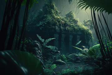 Ancient ruins in dark excotic tropical jungle illustration