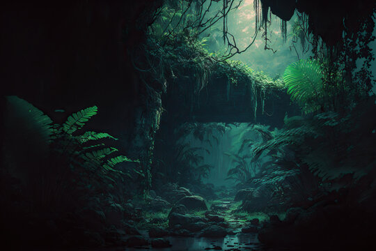 Ancient ruins in dark excotic tropical jungle illustration