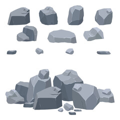 Heap of stones and rocks. Collection of boulders, granite stones, broken rocks in cartoon 3d style