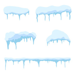 Snow caps and snowdrifts isolated on blue background. Set of white snow caps with icicles and piles with icy texture - obrazy, fototapety, plakaty