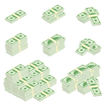 Money, dollar bills in cartoon 3d style. Set of different packs and bunches of dollar bills. Isometric green dollars, profit, investment and savings concept