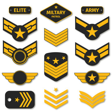 Military badges and army patches. Chevrons, stickers and embroidery in military style for t-shirt graphic