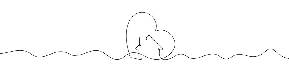 Love for home symbol in continuous line drawing style. Line art of heart with house. Vector illustration. Abstract background