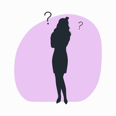 Silhouette of a woman in doubt and surrounded by question marks. Vector illustration.