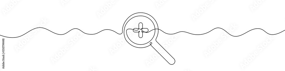 Poster search magnifier in continuous line drawing style. line art of magnifying glass with a sign of plus.