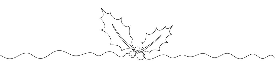 Christmas plant in continuous line drawing style. Line art of holly leaves with berry. Vector illustration. Abstract background © chekman