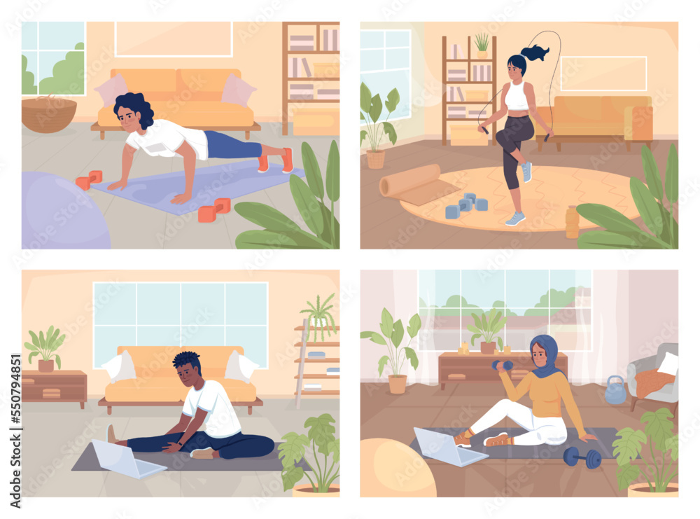 Poster simple exercising at home flat color vector illustrations set. regular workout for wellbeing. fully 