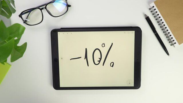 note Write text on tablet screen. Electronic pencil for widget notes. Modern reminder on screen. Top view of white desktop in office. Screen glasses. Pocket laptop for modern reminders.