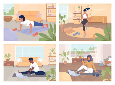 Simple exercising at home flat color vector illustrations set. Regular workout for wellbeing. Fully editable 2D simple cartoon characters collection with domestic interiors on background