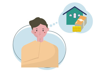住宅ローンと家の購入を考える男性。ベクターイラスト