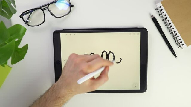note Write text on tablet screen. Electronic pencil for widget notes. Modern reminder on screen. Top view of white desktop in office. Screen glasses. Pocket laptop for modern reminders.