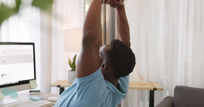 Computer, black man and stretching in work from home office for remote work at desktop, technology or internet planning. Tired freelancer, arms stretch and body movement for energy from fatigue at pc