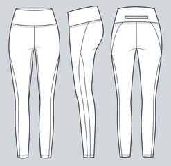 Leggings pants technical fashion illustration. Sports Leggings fashion flat technical drawing template, high-rise, front, side and back view, white colour, CAD mockup.