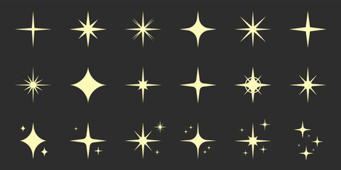 Sparkle Gold Star Silhouette Icon Set. Glow Spark Flash Stars Pictogram Collection. Shine Burst Magic Decoration Symbol. Glistering Effect Light. Golden Twinkle Flare. Isolated Vector Illustration
