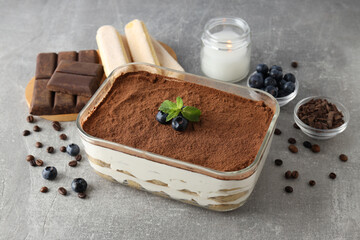 Concept of sweet food, Tiramisu cake, close up