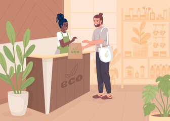 Man buying cosmetics in eco store flat color vector illustration. Choose natural products. Fully editable 2D simple cartoon characters with shop interior on background. Nerko One Regular font used