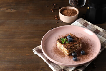 Concept of sweet food, Tiramisu cake, space for text