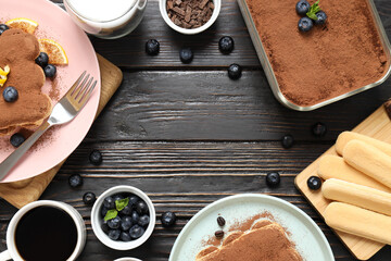 Concept of sweet food, Tiramisu cake, space for text