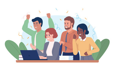 Successful project completion 2D vector isolated illustration. Happy colleagues with laptop flat characters on cartoon background. Colorful editable scene for mobile, website, presentation