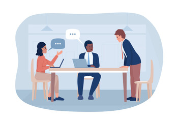 Business meeting 2D vector isolated illustration. Corporate discussion. Office work flat characters on cartoon background. Colorful editable scene for mobile, website, presentation