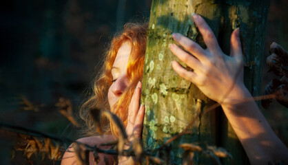 Beautiful young lovely sexy woman redhead ginger with curly red hair natural in the forest autumn nature, hugging a tree trunk in the golden evening sun, feeling love