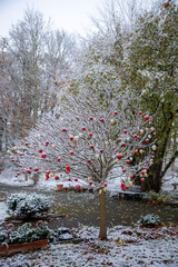 Geschmückter Baum im Garten mit Kugeln Christbaumkugeln im Schnee