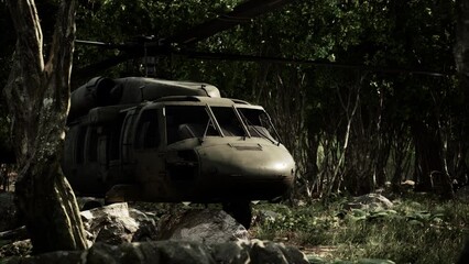 Military helicopter in deep jungle