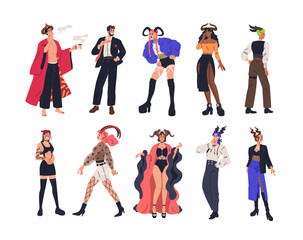 People in devil costumes set. Sexy men, women disguised, dressed in carnival outfit with demon horns for Halloween masquerade party. Flat graphic vector illustrations isolated on white background